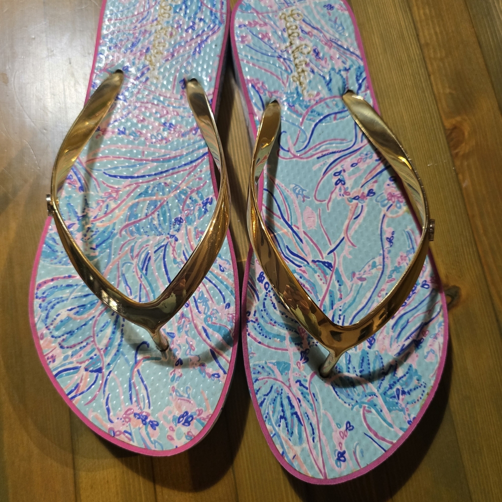 Lilly Pulitzer Pink Blue Tropical Print Flip Flops with Gold Straps